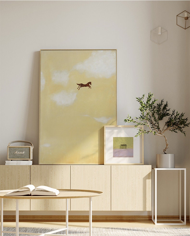 Large Abstract Cream Canvas Wall Art, Original Horse and Clouds Oil Painting on Canvas, Modern Minimalist Wall Art for Living Room Bedroom