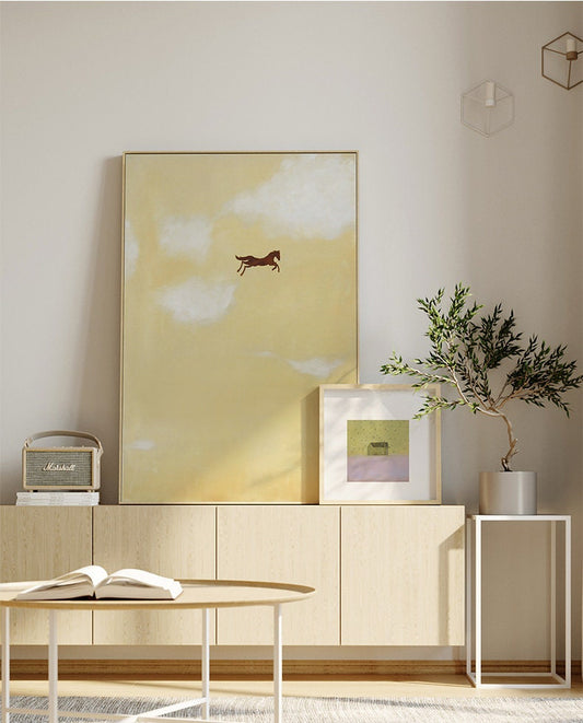 Large Abstract Cream Canvas Wall Art, Original Horse and Clouds Oil Painting on Canvas, Modern Minimalist Wall Art for Living Room Bedroom