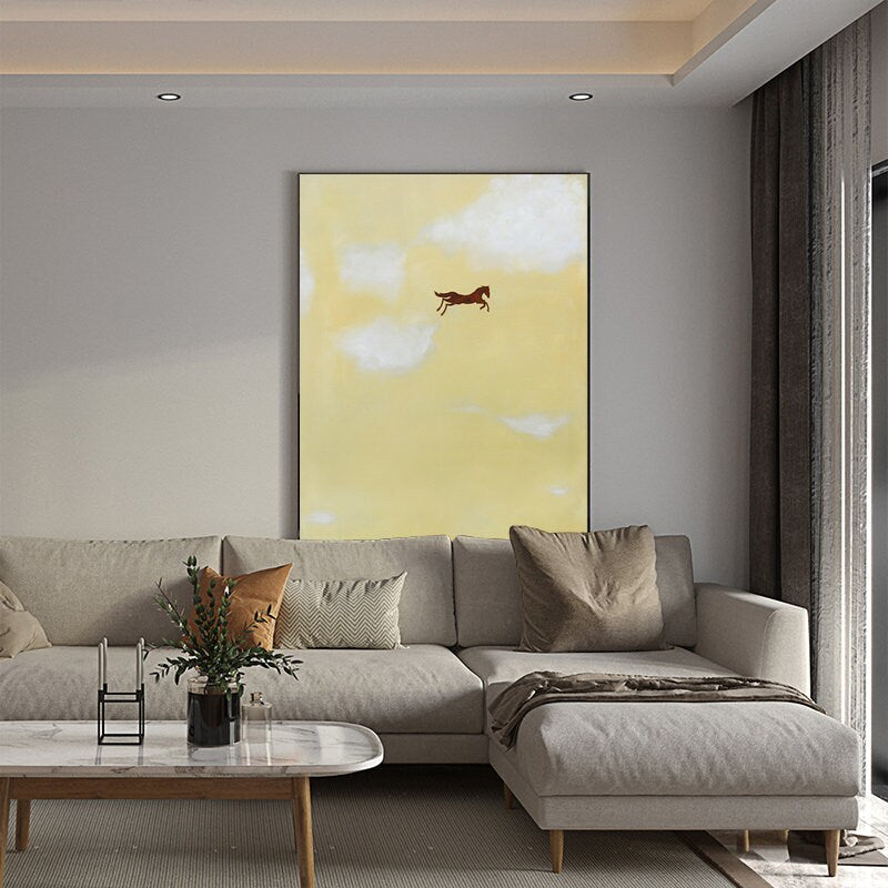 Large Abstract Cream Canvas Wall Art, Original Horse and Clouds Oil Painting on Canvas, Modern Minimalist Wall Art for Living Room Bedroom