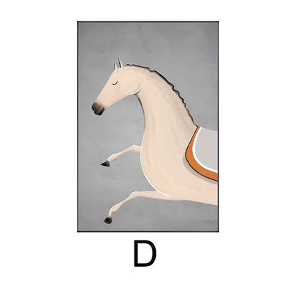 May include: A white horse with a gray saddle and orange trim is depicted in a minimalist style against a gray background.