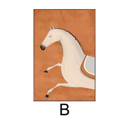 May include: A white horse with a saddle and orange accents on a brown background.