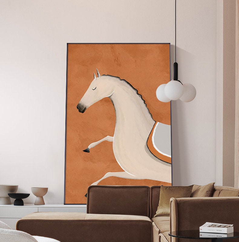 May include: A white horse with a gray saddle is depicted in a stylized illustration against a burnt orange background.