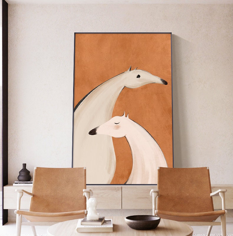 May include: Abstract painting of two stylized white dogs with long necks on a burnt orange background.