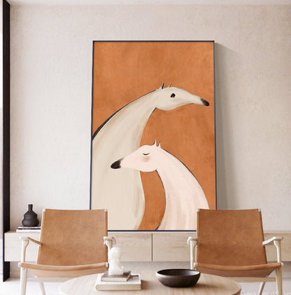 May include: Abstract painting of two stylized white dogs with long necks on a burnt orange background.