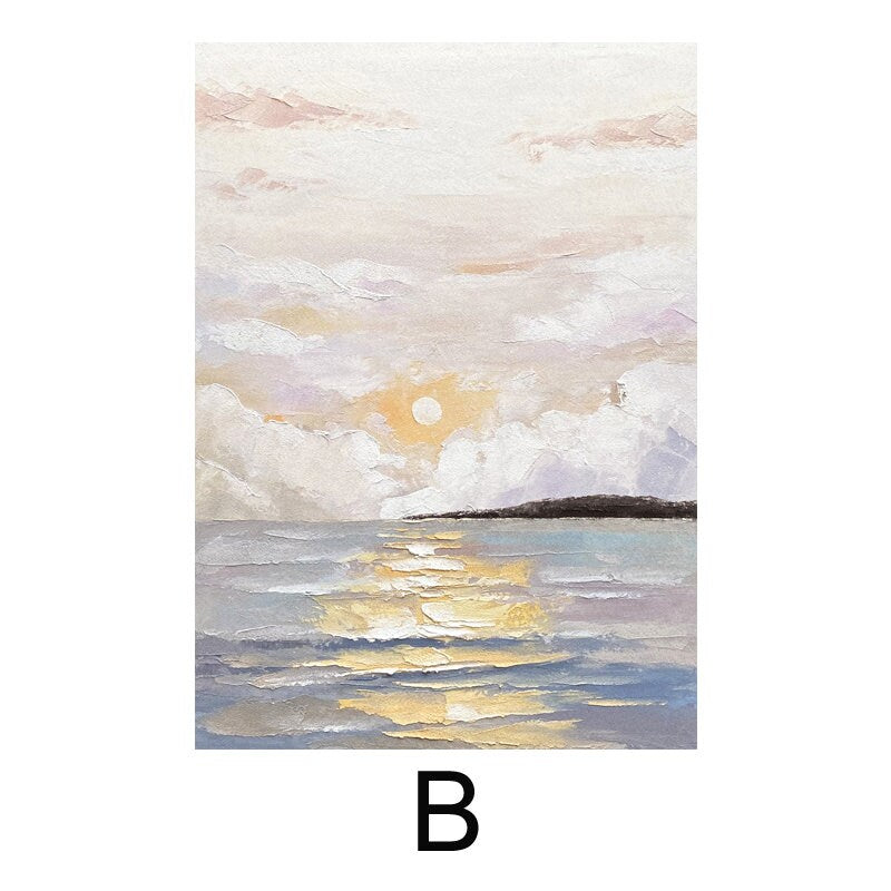 May include: A painting of a seascape with a large, bright sun setting over the ocean. The sky is a soft pink and orange, with fluffy white clouds. The water is a deep blue, with waves reflecting the light of the sun.