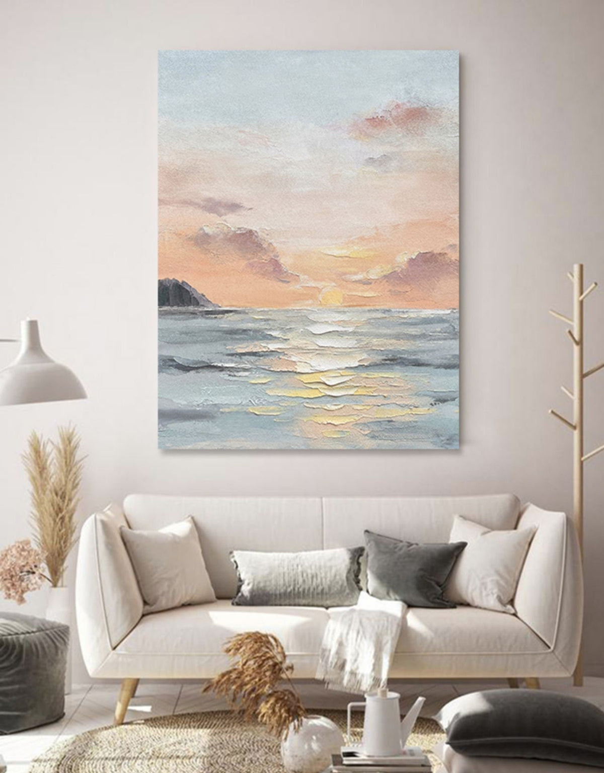 May include: A painting of a seascape with a sunset over the ocean. The sky is a soft pink and orange, and the water is a light blue. The painting is done in a textured style, with visible brushstrokes.