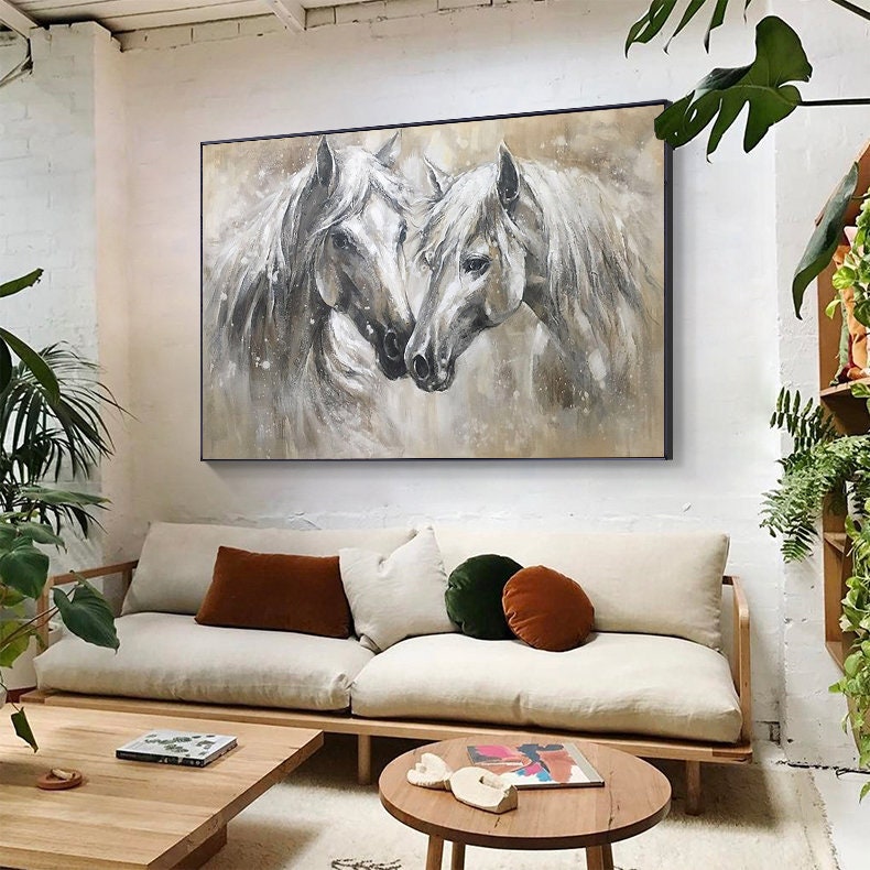 Abstract Horses Canvas Wall Art, Large Original Horses Oil Painting on Canvas, Modern Animal Wall Art for Living Room, Home Décor, Love Gift