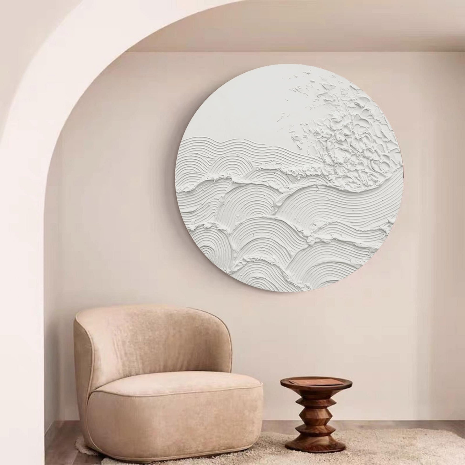 White 3D Textured Circle Painting – Minimal Abstract Wall Art – Abstract Painting