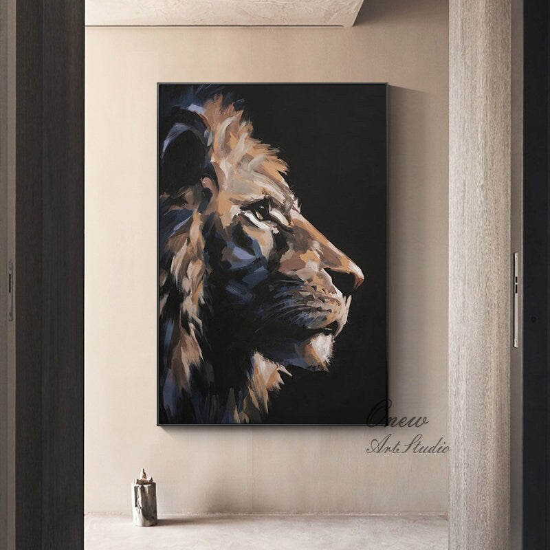 Large Abstract Lion Oil Painting on Canvas, Original Animal Canvas Wall Art, Modern Impressionist Lion Artwork for Living Room,Bedroom Decor