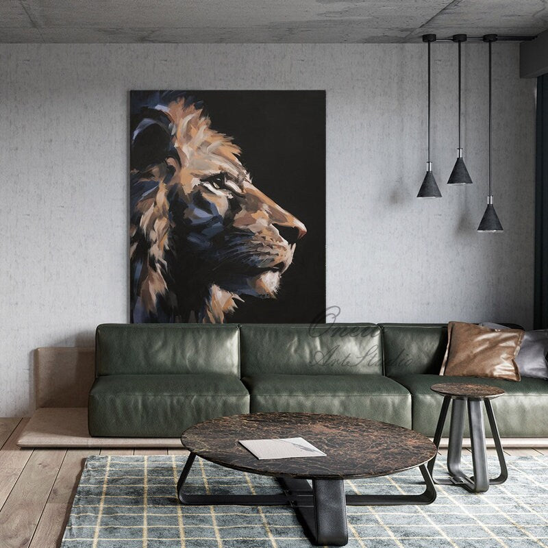 Large Abstract Lion Oil Painting on Canvas, Original Animal Canvas Wall Art, Modern Impressionist Lion Artwork for Living Room,Bedroom Decor