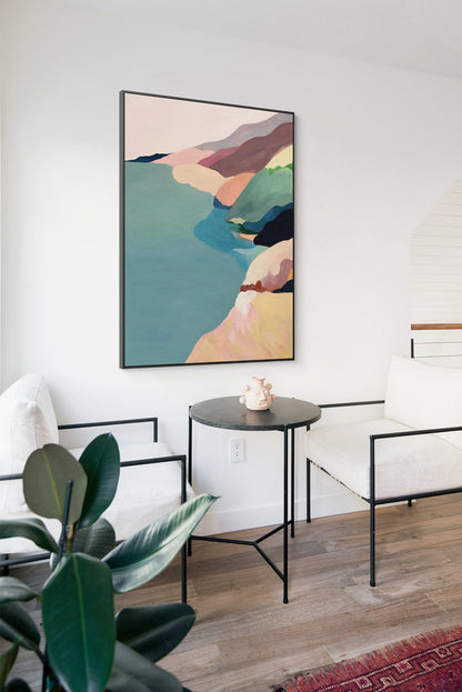 Large Abstract Landscape Oil Painting on Canvas, Original Mountain and River Canvas Wall Art, Modern Minimalist Nature Art for Living Room