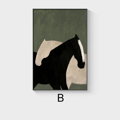 May include: Abstract painting of two horses, one black and one white, against a green background.