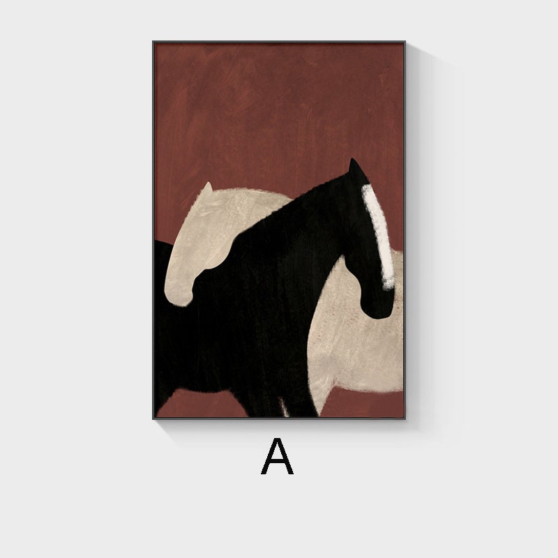 May include: Abstract painting of two horses, one black and one white, against a red background. The horses are partially overlapping, creating a sense of movement and depth.