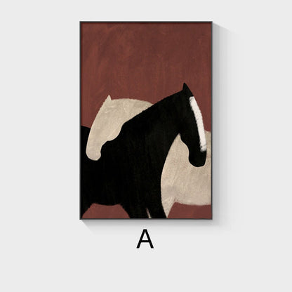 May include: Abstract painting of two horses, one black and one white, against a red background. The horses are partially overlapping, creating a sense of movement and depth.