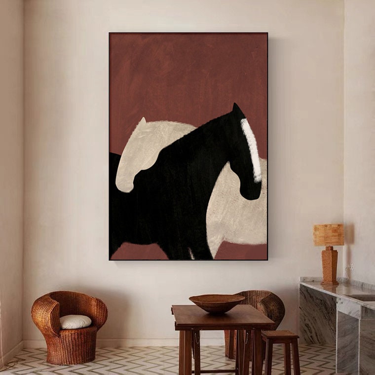 May include: Abstract painting of two horses, one black and one white, against a red background.