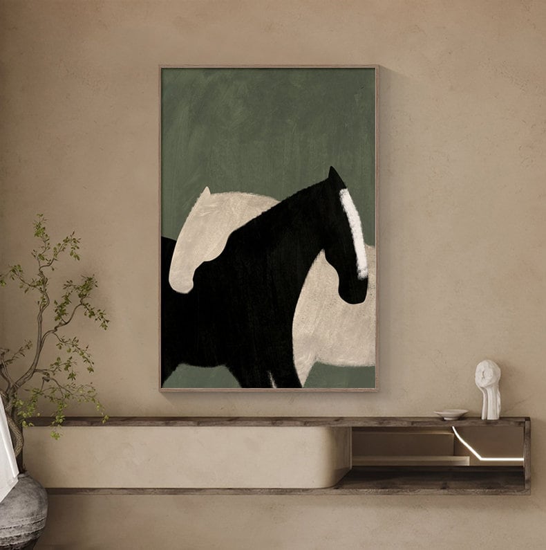May include: Abstract painting of two horses, one black and one white, against a green background. The horses are partially overlapping, creating a sense of unity and connection.