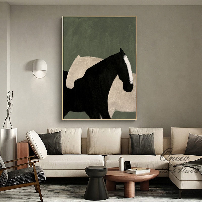 May include: Abstract painting of two horses, one black and one white, against a green background.