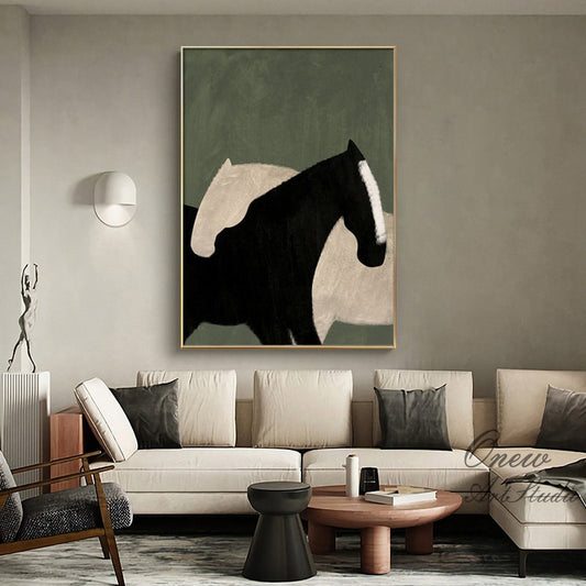 May include: Abstract painting of two horses, one black and one white, against a green background.