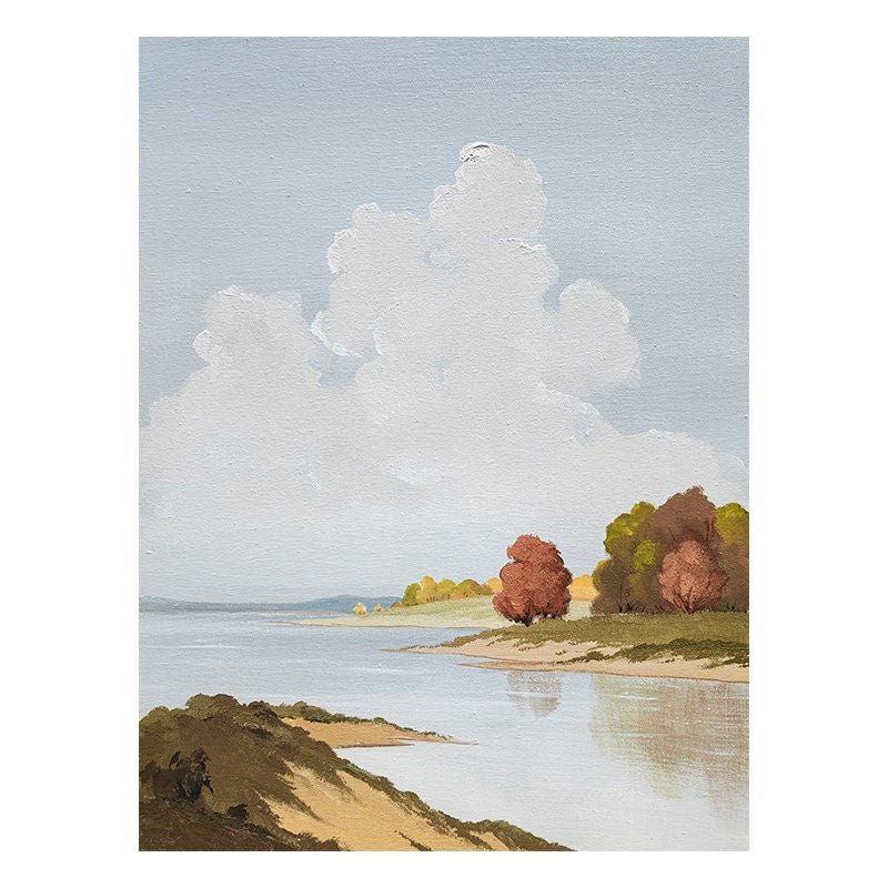 Abstract Landscape Oil Painting on Canvas, Original Mountains and River Canvas Art, Hand-painted Clouds and Trees Painting for Living Room
