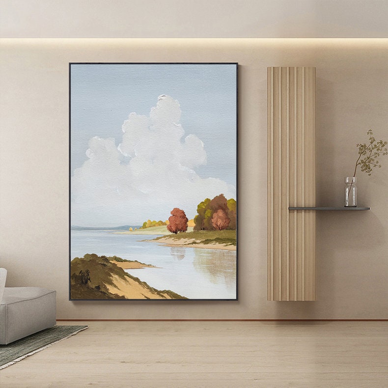 Abstract Landscape Oil Painting on Canvas, Original Mountains and River Canvas Art, Hand-painted Clouds and Trees Painting for Living Room