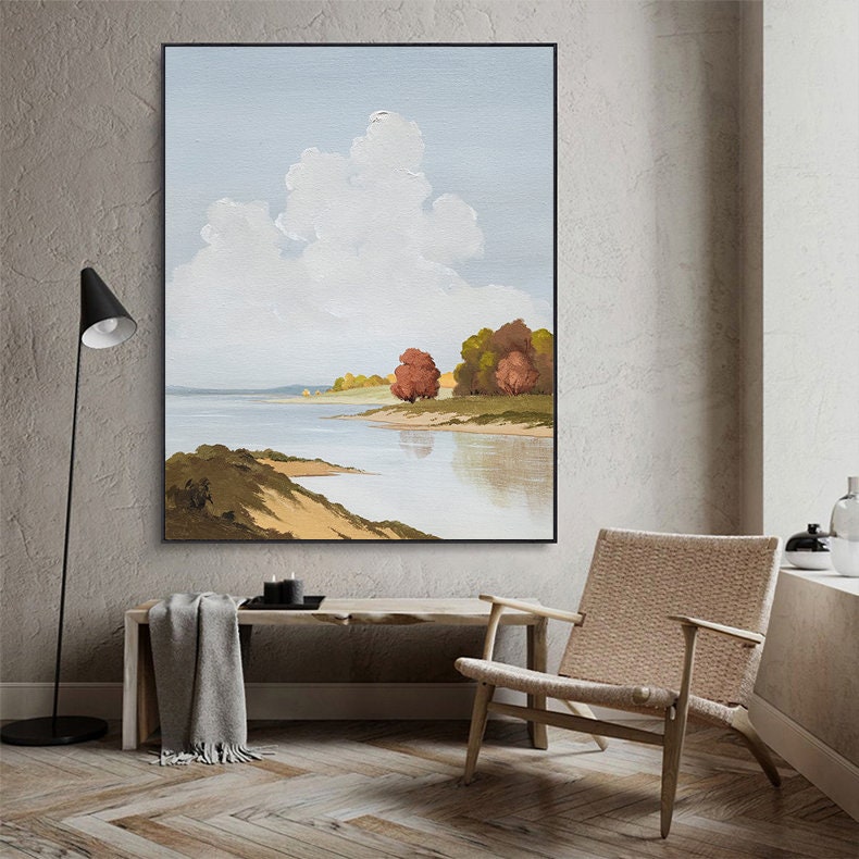 Abstract Landscape Oil Painting on Canvas, Original Mountains and River Canvas Art, Hand-painted Clouds and Trees Painting for Living Room
