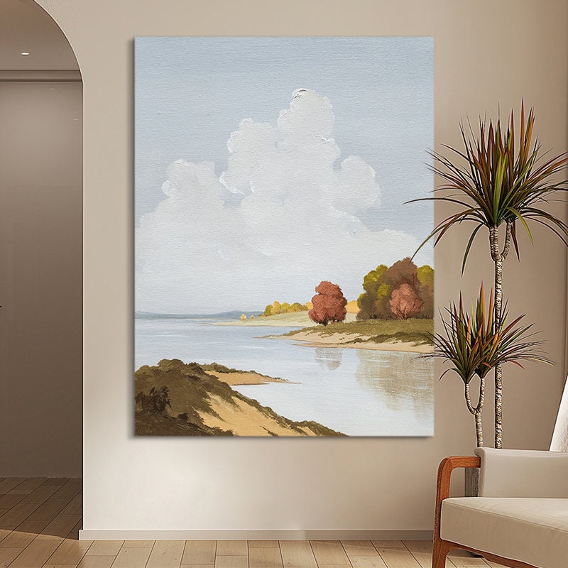 Abstract Landscape Oil Painting on Canvas, Original Mountains and River Canvas Art, Hand-painted Clouds and Trees Painting for Living Room