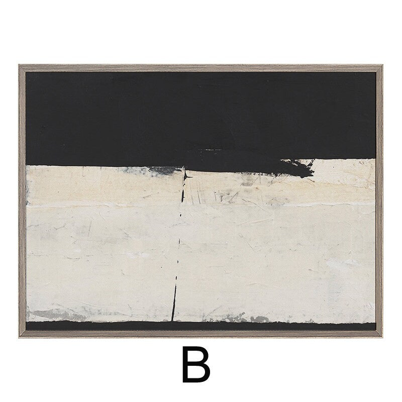 May include: Abstract art print with a black and white color scheme. The print features a horizontal line dividing the canvas into two sections. The top section is black, and the bottom section is white with a subtle texture. The print is framed in a gray frame.