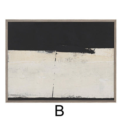 May include: Abstract art print with a black and white color scheme. The print features a horizontal line dividing the canvas into two sections. The top section is black, and the bottom section is white with a subtle texture. The print is framed in a gray frame.