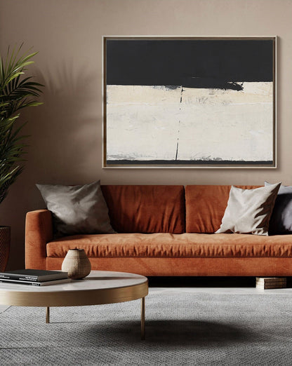 May include: A modern abstract painting with a black and white color scheme. The painting features a thick horizontal line separating a black top section from a white bottom section. The white section has a textured appearance.