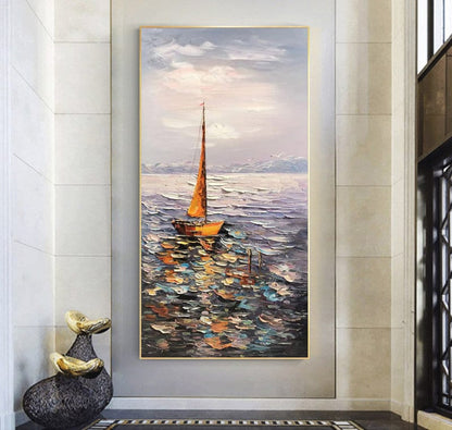 May include: A painting of a sailboat on a body of water with a cloudy sky in the background. The sailboat is orange and has a white sail. The water is a mix of blue, green, and brown colors. The sky is a light blue with white clouds.
