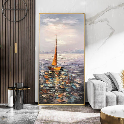 May include: A painting of a sailboat on a calm sea with a cloudy sky. The sailboat is orange and has a white sail. The sea is a deep blue with hints of green and yellow. The sky is a light blue with white clouds.