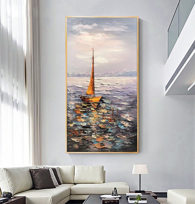 May include: A painting of a sailboat on a calm sea with a cloudy sky. The sailboat is yellow and has a white sail. The sea is a mix of blue, green, and brown colors. The sky is a light blue with white clouds.