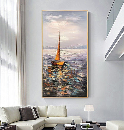May include: A painting of a sailboat on a calm sea with a cloudy sky. The sailboat is yellow and has a white sail. The sea is a mix of blue, green, and brown colors. The sky is a light blue with white clouds.