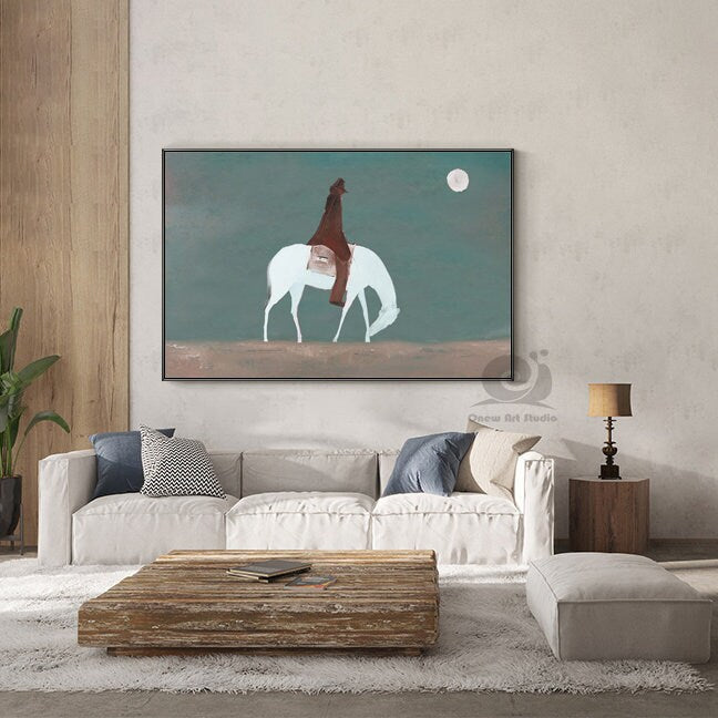 Abstract Horse Riding Oil Painting on Canvas, Original White Horse at Moonlit Night Canvas Wall Art,abstract Cowboy Painting for Living Room