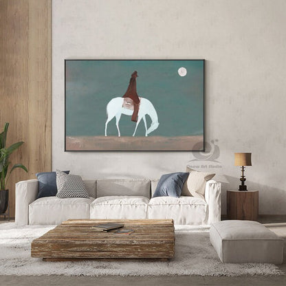 Abstract Horse Riding Oil Painting on Canvas, Original White Horse at Moonlit Night Canvas Wall Art,abstract Cowboy Painting for Living Room