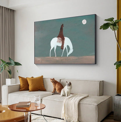 Abstract Horse Riding Oil Painting on Canvas, Original White Horse at Moonlit Night Canvas Wall Art,abstract Cowboy Painting for Living Room