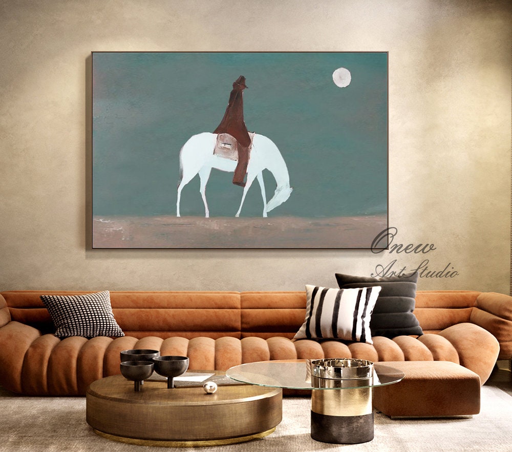 Abstract Horse Riding Oil Painting on Canvas, Original White Horse at Moonlit Night Canvas Wall Art,abstract Cowboy Painting for Living Room