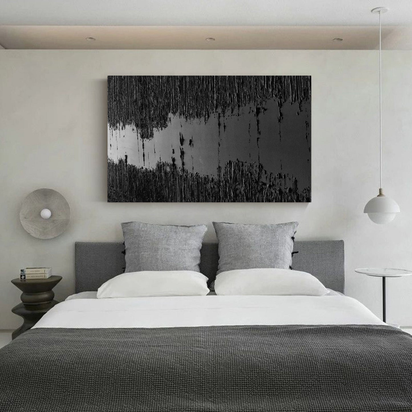 Large Black Abstract Painting Black Wall Art Black plaster art Black textured
