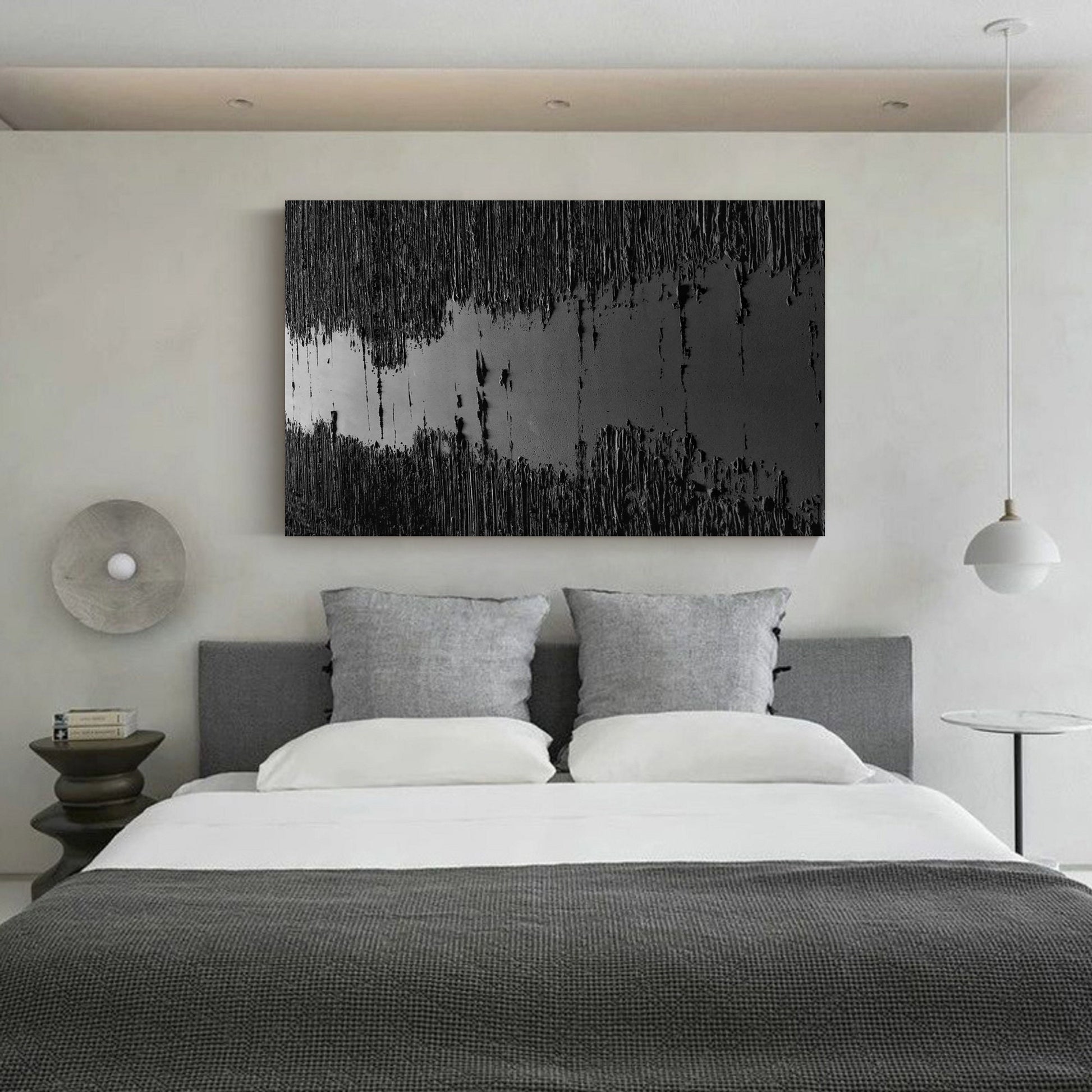 Large Black Abstract Painting Black Wall Art Black plaster art Black textured