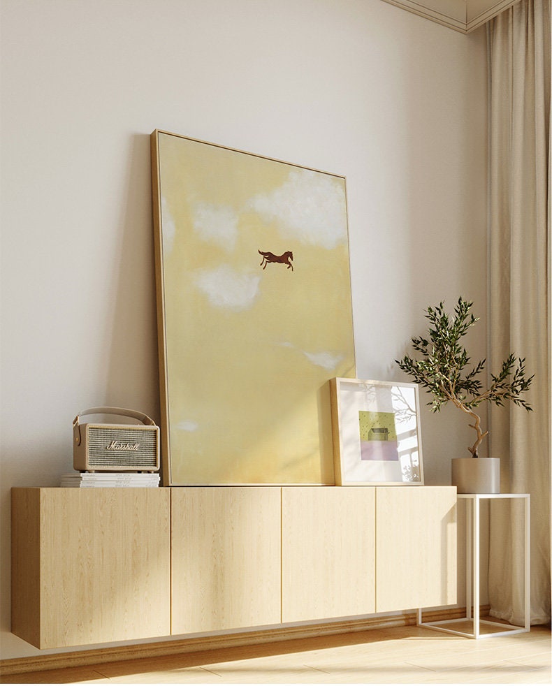 Large Abstract Cream Canvas Wall Art, Original Horse and Clouds Oil Painting on Canvas, Modern Minimalist Wall Art for Living Room Bedroom