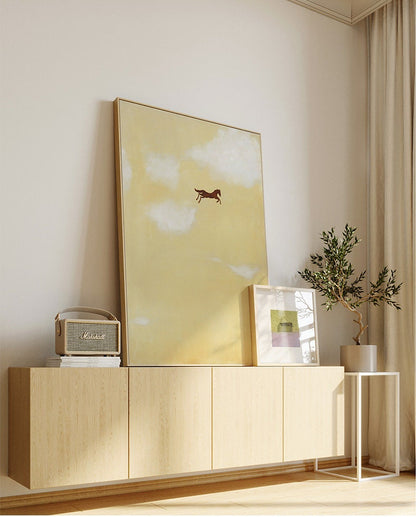 Large Abstract Cream Canvas Wall Art, Original Horse and Clouds Oil Painting on Canvas, Modern Minimalist Wall Art for Living Room Bedroom
