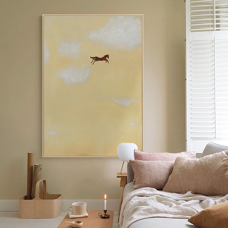 Large Abstract Cream Canvas Wall Art, Original Horse and Clouds Oil Painting on Canvas, Modern Minimalist Wall Art for Living Room Bedroom