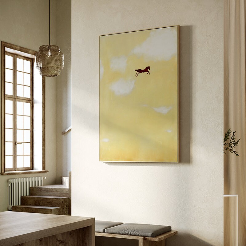 Large Abstract Cream Canvas Wall Art, Original Horse and Clouds Oil Painting on Canvas, Modern Minimalist Wall Art for Living Room Bedroom