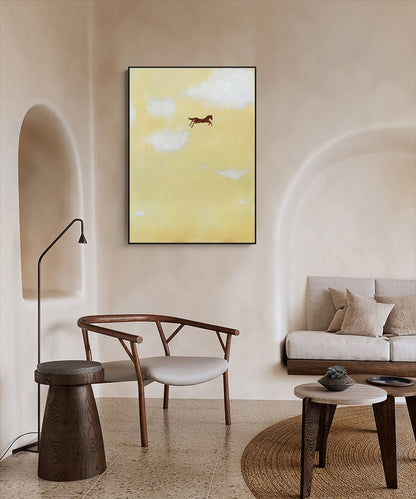 Large Abstract Cream Canvas Wall Art, Original Horse and Clouds Oil Painting on Canvas, Modern Minimalist Wall Art for Living Room Bedroom
