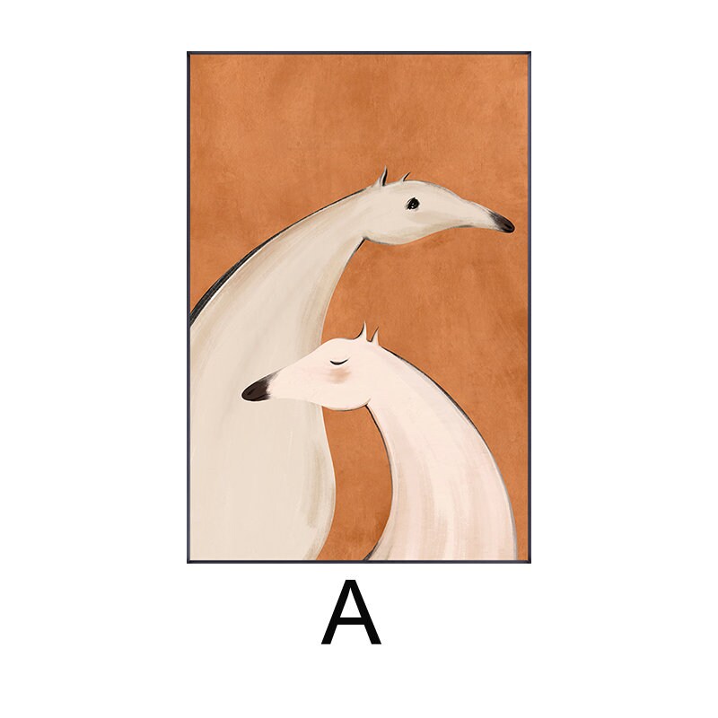 May include: A painting of two stylized dogs in a warm orange color. The dogs are white and cream colored and are positioned in a loving embrace.