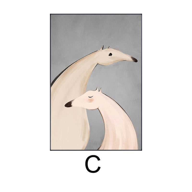 May include: A painting of two stylized dogs in a light gray background. The dogs are in a light brown and light pink color. The dogs are facing each other and their heads are touching.