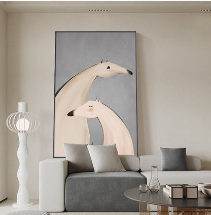 May include: A painting of two stylized dogs in shades of beige and pink against a light gray background. The dogs are depicted in a close embrace, with one dog's head resting on the other's shoulder.