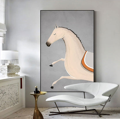 May include: A painting of a white horse with an orange and gray saddle, leaping against a gray background.