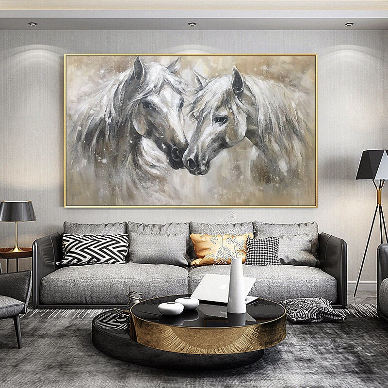 Abstract Horses Canvas Wall Art, Large Original Horses Oil Painting on Canvas, Modern Animal Wall Art for Living Room, Home Décor, Love Gift