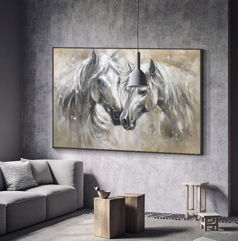 Abstract Horses Canvas Wall Art, Large Original Horses Oil Painting on Canvas, Modern Animal Wall Art for Living Room, Home Décor, Love Gift